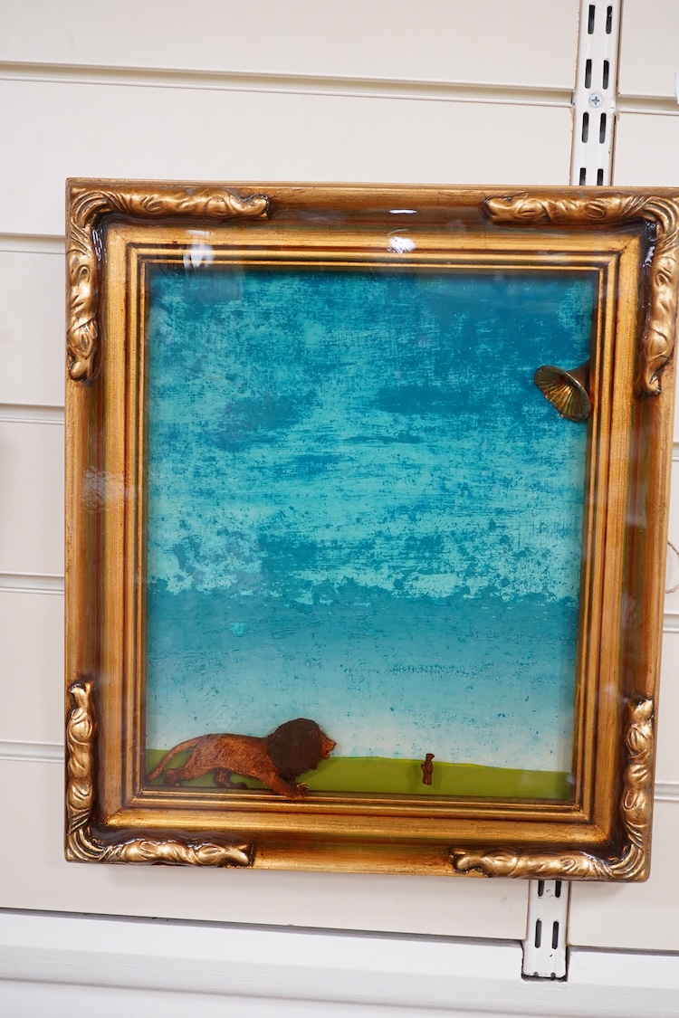 Bo Fowler, two contemporary resin plaques religious with religious themes to include ‘The Ivory Tower’, signed and dated 2023 verso, each framed, largest 38cm high